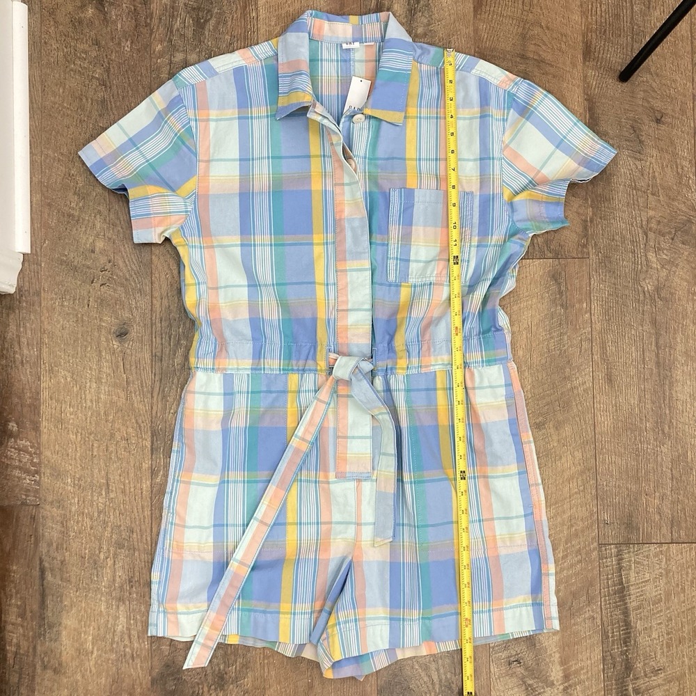 GAP NWT Women's Short Sleeve Plaid Romper 100% Cotton Tie Belt Pastel Geo sz 10 - Picture 8 of 11